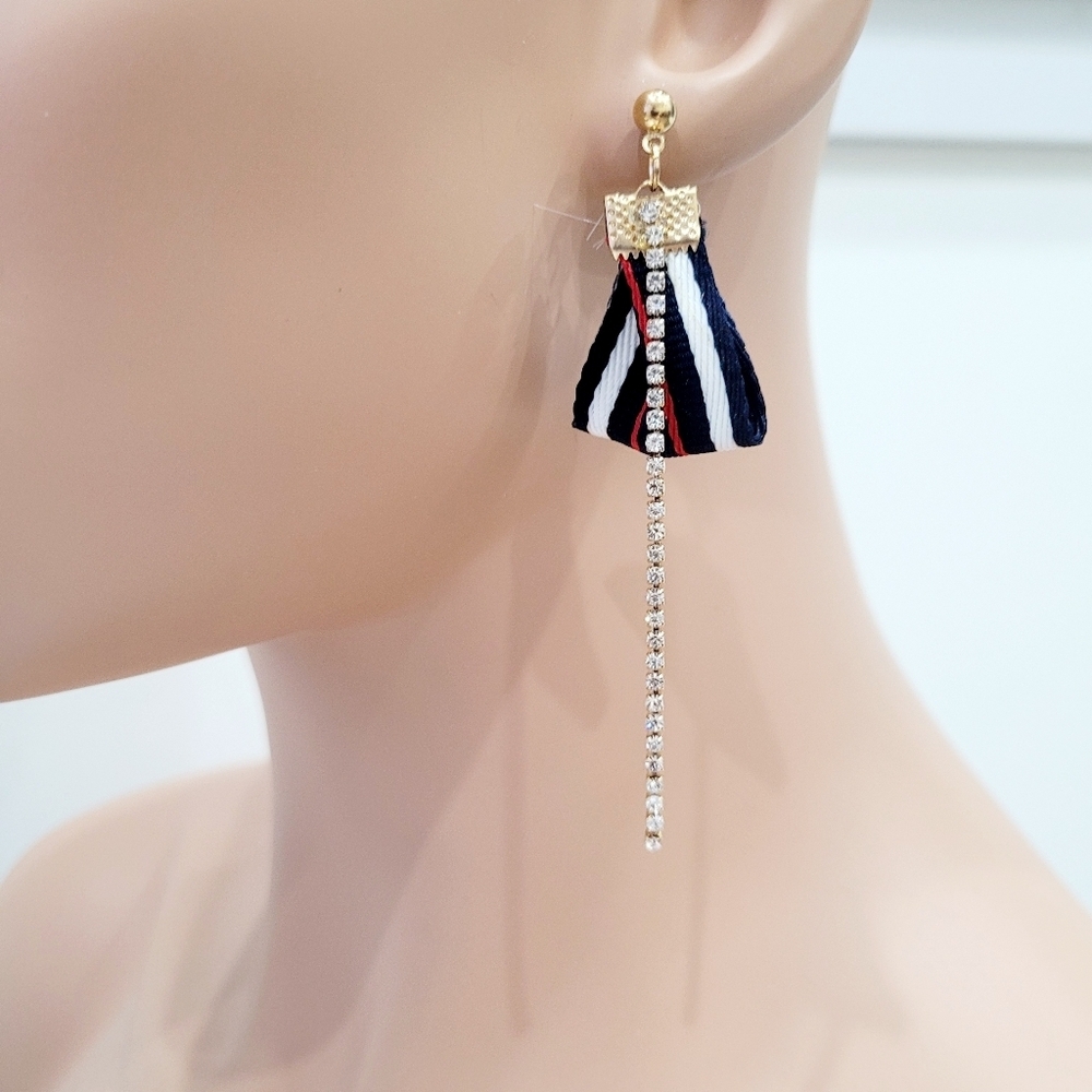 Brand New Gold Tone White & Red Rhinestone Dangle Earrings